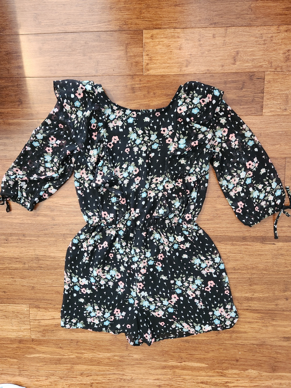 Justice Girl's Black Floral Girls Shorts Romper Quarter Length Sleeves, Size 16